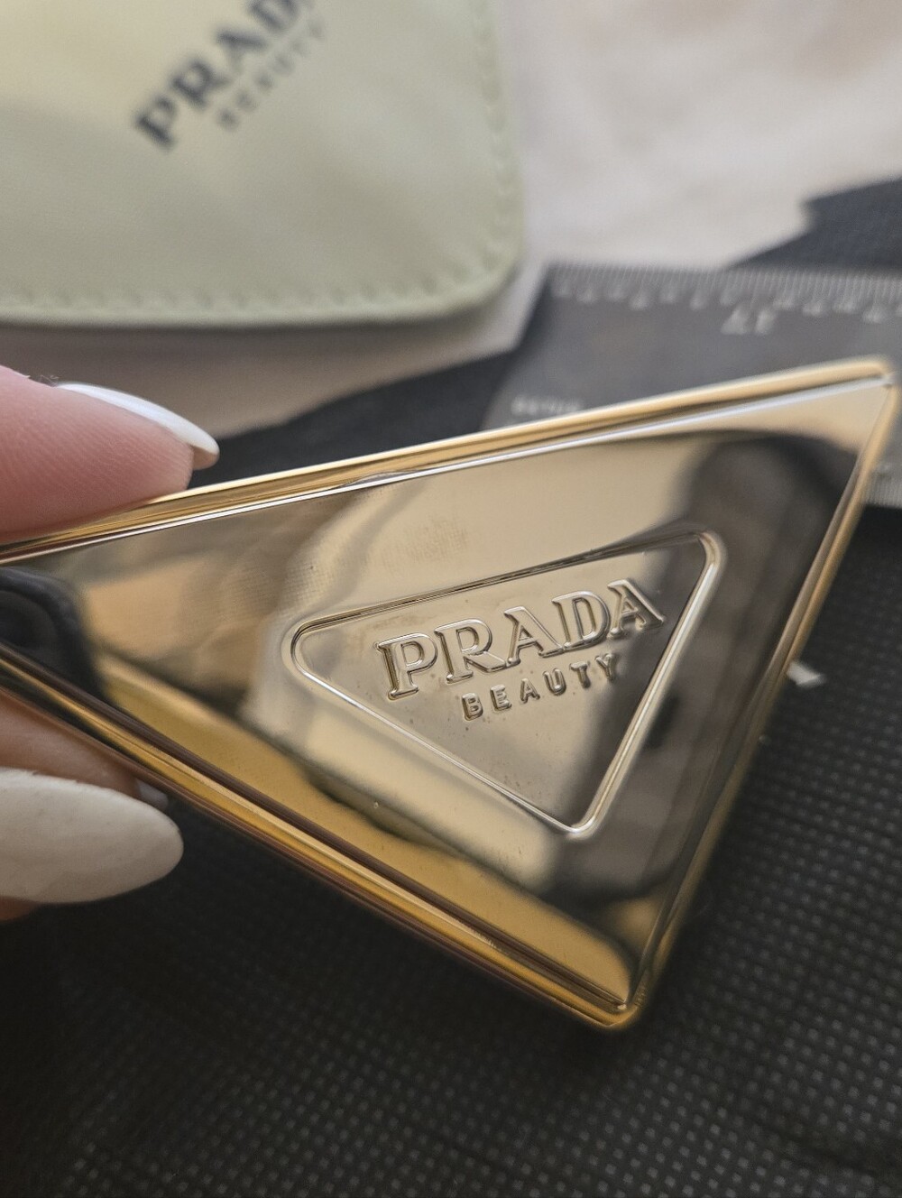 Prada Gold Triangular Double Compact Mirror with Mint Pouch and Black Sleeve - Picture 6 of 7
